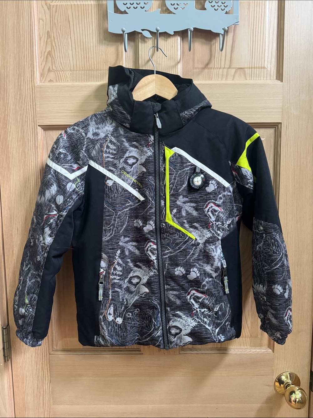 Obermeyer Black & Neon Yellow Patterned Kids Winter Jacket